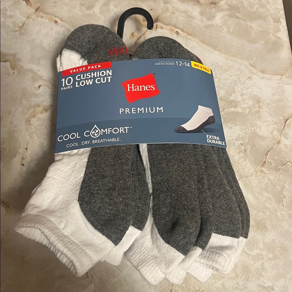 10 Pair Hanes Cushion Ankle Value Pack Big & Tall 12-14 White Cool Comfort Socks